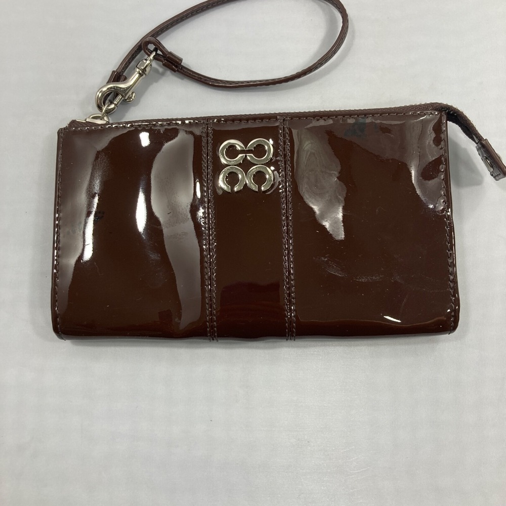 Coach Wristlet Purse Brown Patent Leather Credit Card Holders Lined Outer Pocket
